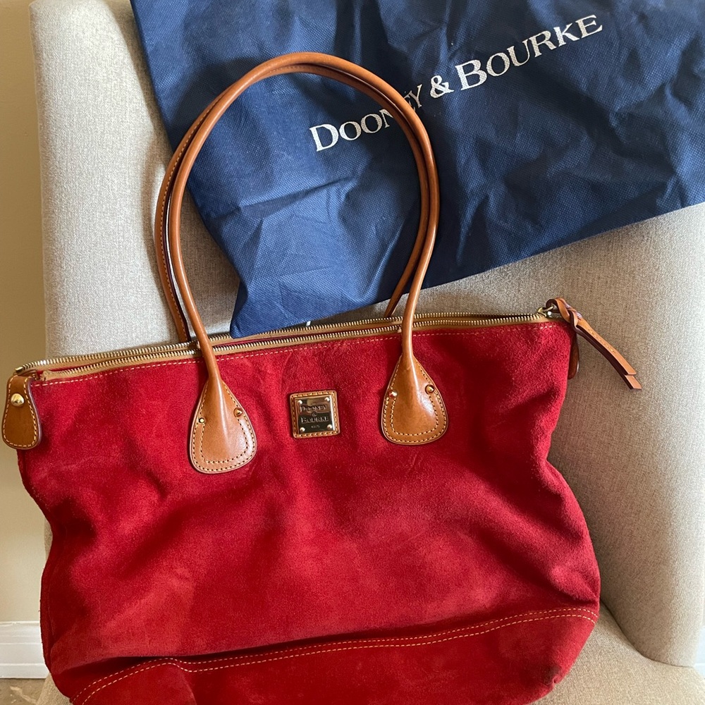 Dooney & Bourke Red Suede Tote with Tan Accents